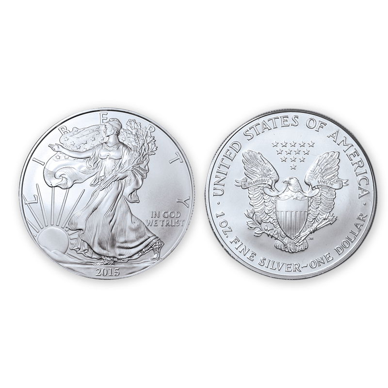 Item name is 2015 Brilliant Uncirculated Silver Eagle Dollar. Date is 2015. Item size is 40.6 millimeter diameter. Item weight and composition is one troy oz pure silver  . Item shape is round with reeded edge. Mint Mark is . Design elements on obverse are Walking Lady Liberty with the word LIBERTY and the date. Design elements on reverse are Heraldic eagle, united states of america, and one ounce fine silver. The item's condition is brilliant Uncirculated. The item's color is metallic.
