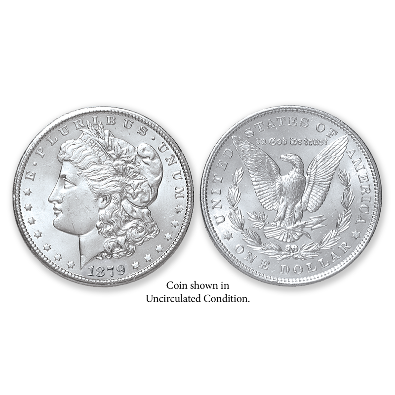 Item name is 1897-P Morgan Silver Dollar - Collector's Circulated Condition. Date is 1897. Item size is 38.1 millimeter diameter. Item weight and composition is 26.73 grams of 90% silver. Item shape is round with reeded edge. Mint Mark is . Design elements on obverse are Liberty Head, and E Pluribus Unum and date. Design elements on reverse are Heraldic Eagle, United States of America, In God We Trust and one dollar. The item's condition is collector's circulated. The item's color is metallic.