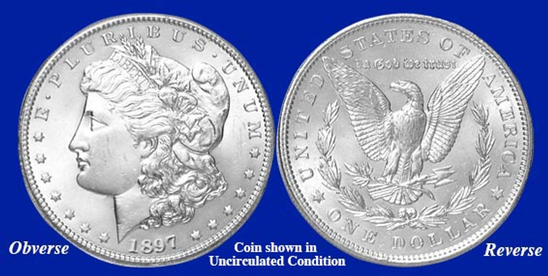 Item name is 1897-P Morgan Silver Dollar - Collector's Circulated Condition. Date is 1897. Item size is 38.1 millimeter diameter. Item weight and composition is 26.73 grams of 90% silver. Item shape is round with reeded edge. Mint Mark is . Design elements on obverse are Liberty Head, and E Pluribus Unum and date. Design elements on reverse are Heraldic Eagle, United States of America, In God We Trust and one dollar. The item's condition is collector's circulated. The item's color is metallic.