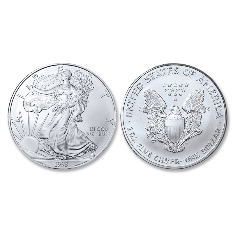 Item name is 1993 Brilliant Uncirculated Silver Eagle Dollar. Date is 1993. Item size is 40.6 millimeter diameter. Item weight and composition is one troy oz pure silver  . Item shape is round with reeded edge. Mint Mark is . Design elements on obverse are Walking Lady Liberty with the word LIBERTY and the date. Design elements on reverse are Heraldic eagle, united states of america, and one ounce fine silver. The item's condition is brilliant Uncirculated. The item's color is metallic.