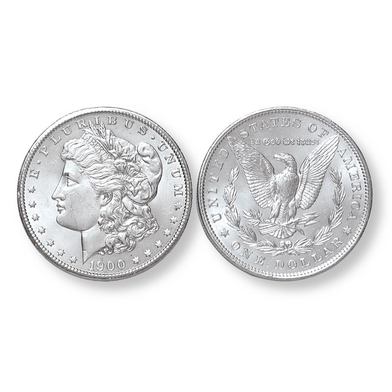 Item name is One Morgan Silver Dollar. Date is Mixed. Item size is 38.1 millimeter diameter. Item weight and composition is 26.73 grams of 90% silver. Item shape is round with reeded edge. Mint Mark is Varied. Design elements on obverse are Liberty Head, and E Pluribus Unum and date. Design elements on reverse are Heraldic Eagle, United States of America, In God We Trust and one dollar. The item's condition is mostly Brilliant Uncirculated to Fine. The item's color is metallic.