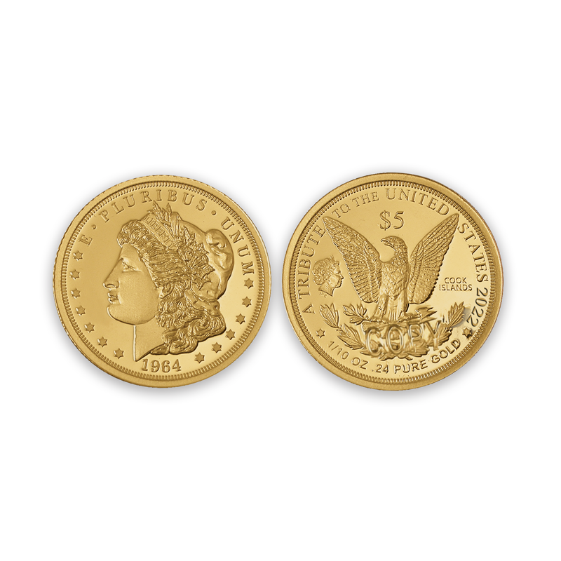 Item name is 2022 .24 Pure Gold Morgan $5 Coin. Date is 2022. Item size is 16 millimeter diameter. Item weight and composition is one tenth ounce of point two four pure gold. Item shape is round with reeded edge. Mint Mark is N/A. Design elements on obverse are Morgan liberty head, E Pluribus Unum, date. Design elements on reverse are Eagle with branches and arrows, a tribute to United States of America, Cook Islands imprimatur, denomination. The item's condition is proof. The item's color is metallic.