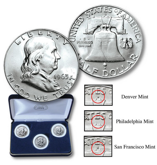 Three Coin Franklin Half Dollar Mint Mark Set BU - National
