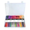 Open storage case of Sakura Gelly Roll 74 pack gel pens neatly organized by color and ink style including Classic, Metallic, Moonlight, Stardust, and Shadow collections.