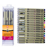 Sakura 50075 Pigma Micron 16 color set showcasing all ink shades inside the transparent Micron 05 collection cube.