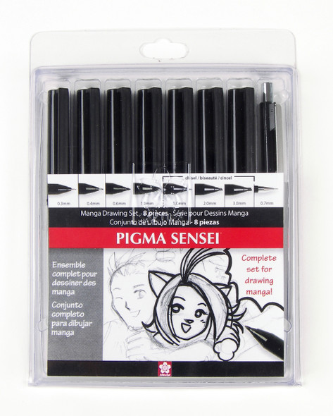 50204 PIGMA SENSEI 8 PC SET, SENSEI PEN: 1 EA 03, 04, 06, 10
FIXED SLEEVE MECHANICAL PENCIL: 0.7MM
CHISEL POINT: 1 EA 1MM, 2MM, 3MM