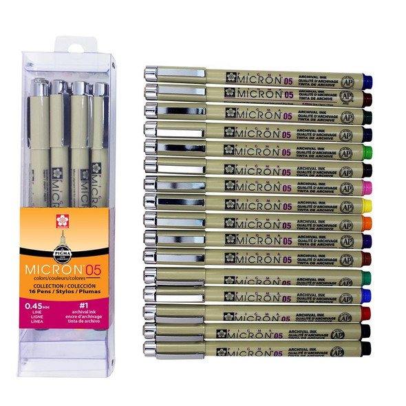 Sakura 50075 Pigma Micron 16 color set showcasing all ink shades inside the transparent Micron 05 collection cube.