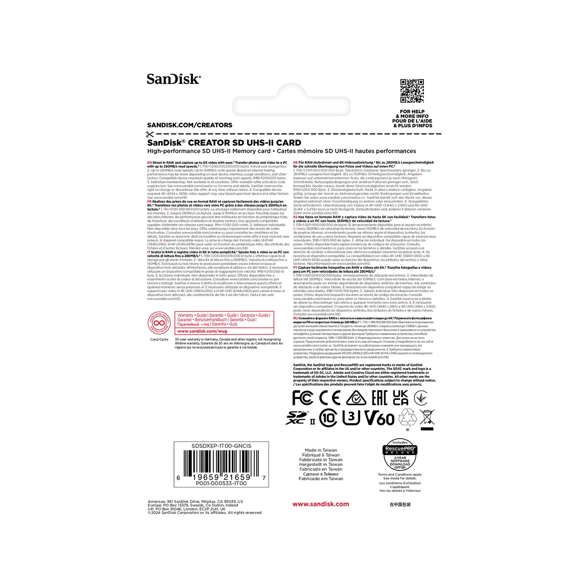 Sandisk Creator 1TB 280/150MB/s UHS-II SDXC V60 Card