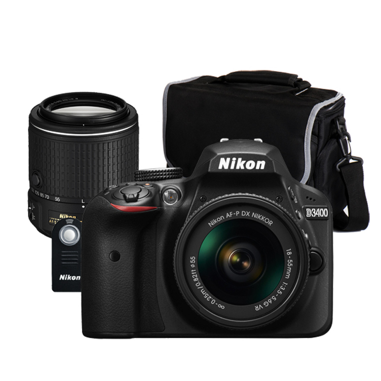 Nikon D3400 AF-P 18-55mm VR and 55-200mm VR II Kit with Remote and Gadget  Bag