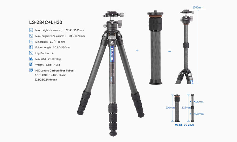 Leofoto LS-284C+LH-30 28mm 4-Section Carbon Fiber with LH-30 Ball