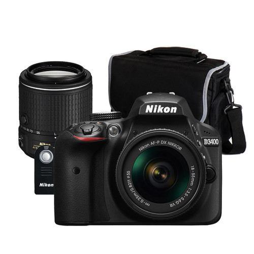 Nikon D3400 AF-P 18-55mm VR and 55-200mm VR II Kit with Remote and