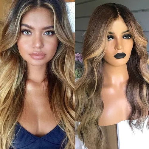 Blonde and Brown Long Human Blend Hair Wig  Peruca Longa Loiro c/Castanho