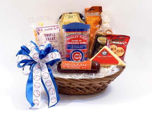 Chicago Cubs Gift Basket with Assorted Snacks and insulated Cubs travel tumbler