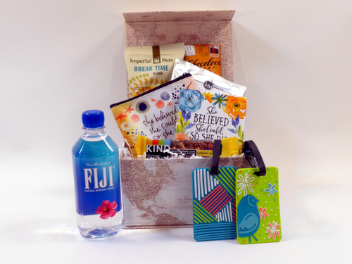 On the Road Travel Gift Basket with travel themed keepsake box.