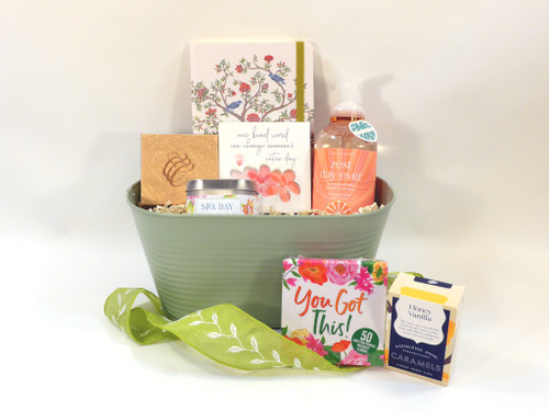 Indulge and Inspire Spa Gift Basket features journal, inspirational quotes, all natural spa products and indulgent goodies