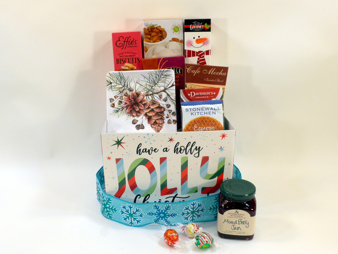 Christmas Morning Gift Basket features coffee, tea, cookies and melamine cookie plate