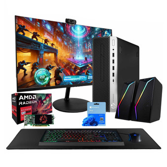 HP 600 G4 ProDesk Gaming Bundle: Intel Hexa Core i5 (8th Gen), AMD Radeon RX 550 Graphics Card, 16GB RAM, 500GB SSD, Windows 11 Pro + 24-inch LCD Monitor, 1080p Webcam, RGB Bluetooth Speakers, RGB Mouse and Keyboard, Deskmat