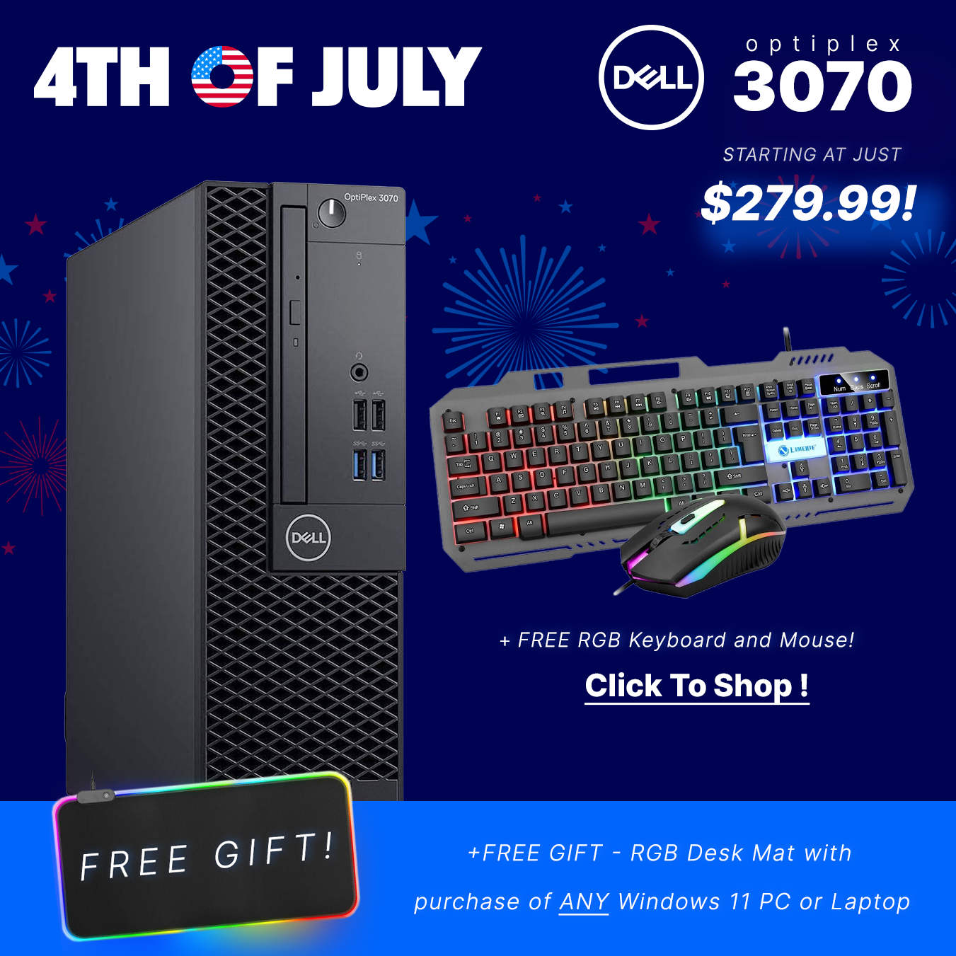 4th of July! Sale on Dell Optiplex 3070 Tower - Comes with FREE RGB Keyboard and Mouse