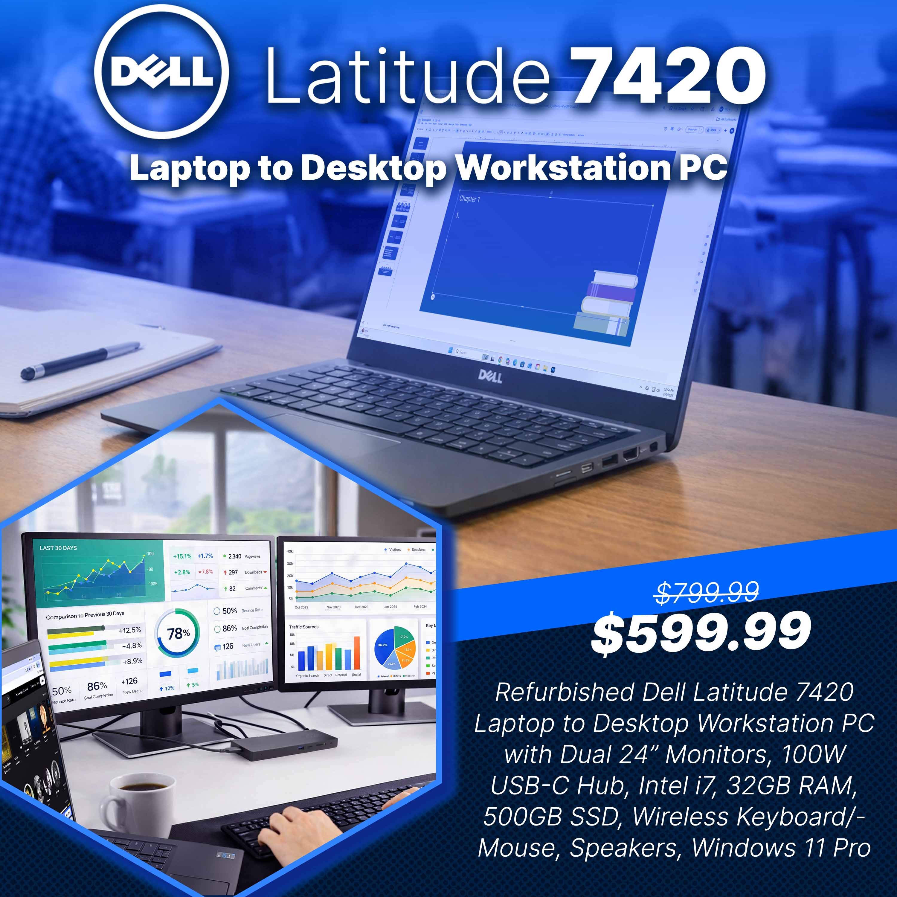 Dell Latitude 7420 Laptop to Desktop Workstation PC with Dual 24 inch Monitors