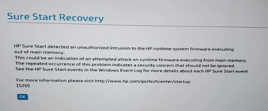 HP Sure Start Recovery Error Message