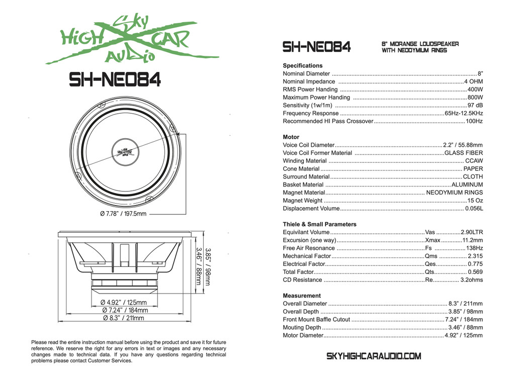 SHCA Pro Audio NEO84 8" Neo Midrange Midbass Speaker 800 Watts 4 ohm (Single) Sky High Car Audio