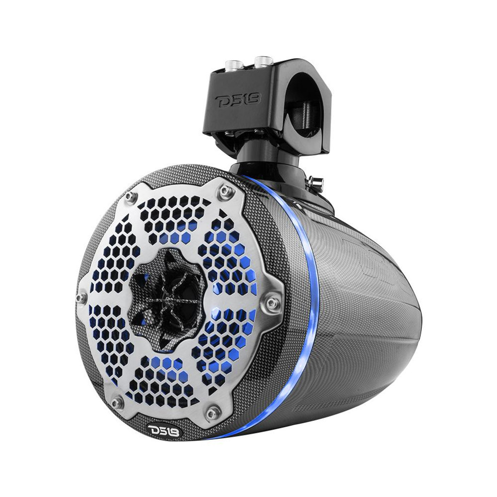 DS18 HYDRO 6.5" Neodymium Marine Towers with Built-in Passive Radiator, 1" Driver and RGB LED Light 450 Watts, Black Carbon Fiber (Pair)