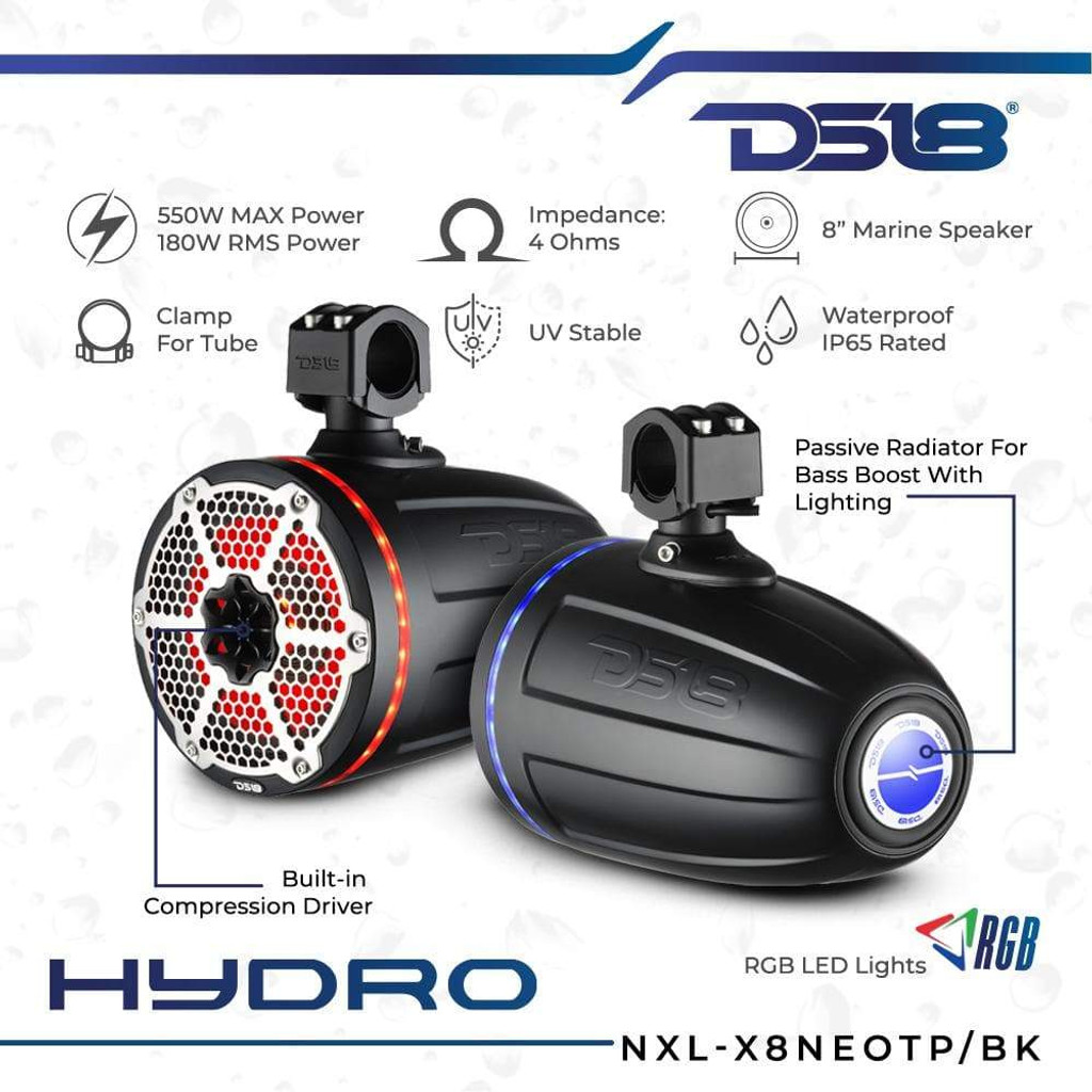 DS18 8" Neodymium Marine Towers with Built-In Passive Radiator, 1" Driver and RGB LED Light 550 Watts (Pair) - Black