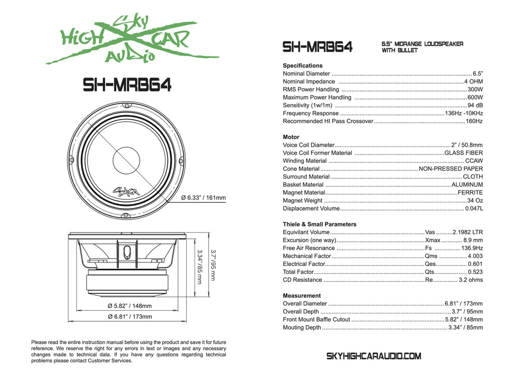SHCA Pro Audio Package 2 MRB64 6.5" Midrange Speakers w/ Bullet 1200 Watts 4 ohm