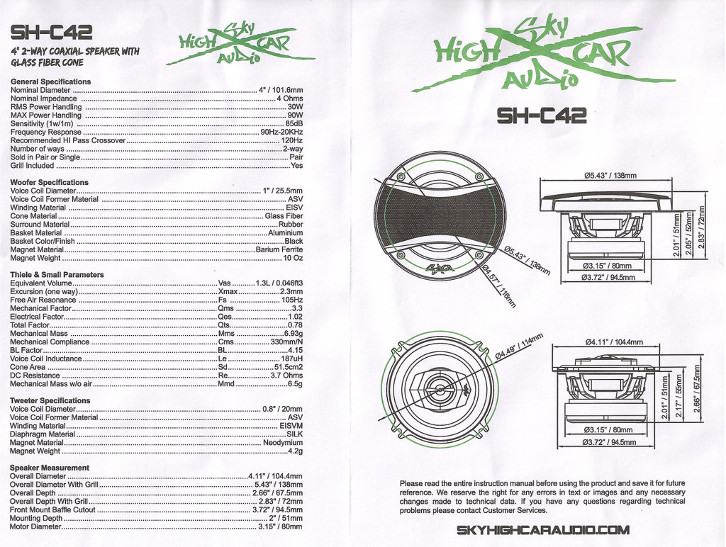 SHCA - C42 4" 2-way Coaxial Speakers (Pair) Sky High Car Audio