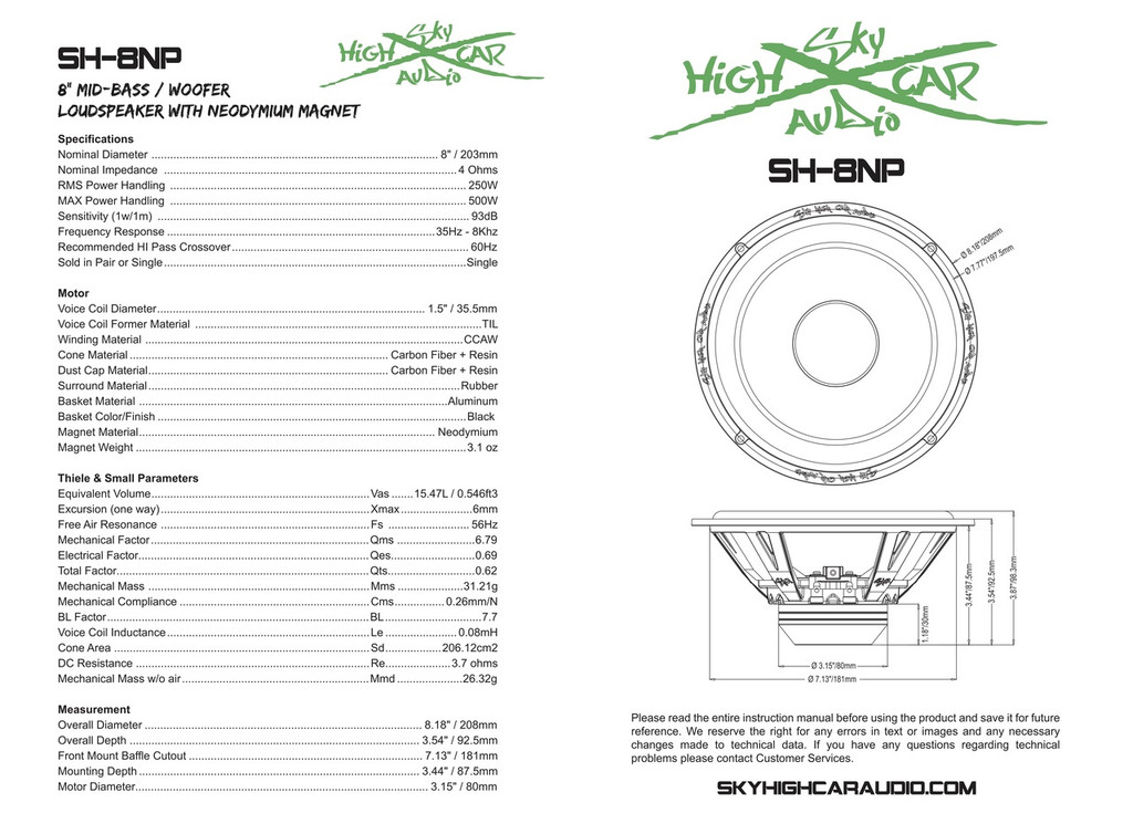 Sky High Car Audio 8" Mid-Bass / Woofer Loudspeaker w/ Neodymium Magnet Sky High Car Audio