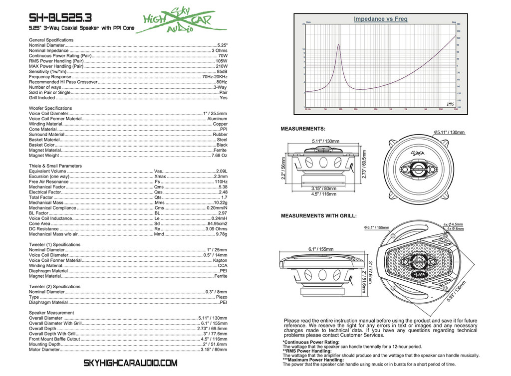 Sky High Car Audio BL525.3 5.25" Coaxial 3 Ohms Sky High Car Audio