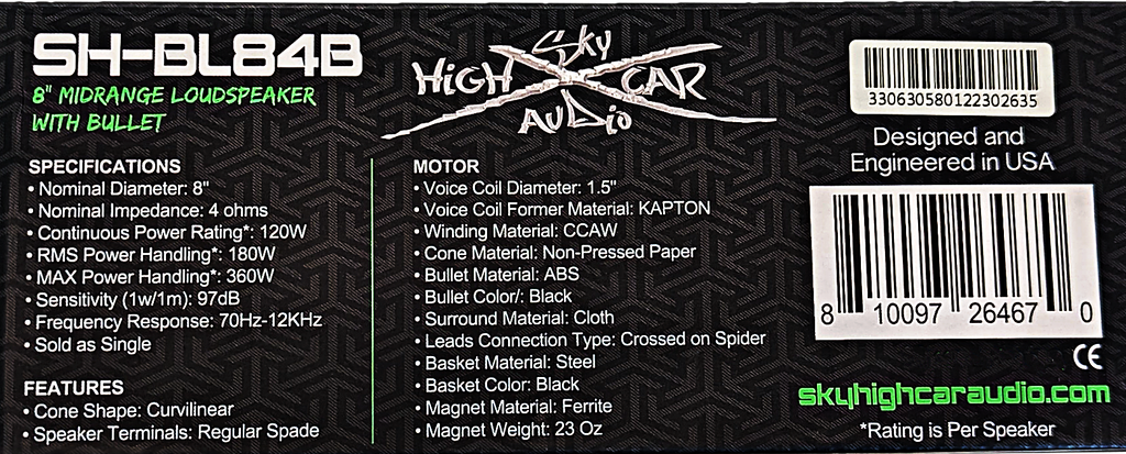 Sky High Car Audio SH-BL84 8" 4 ohm Bullet Midrange Loudspeaker Sky High Car Audio