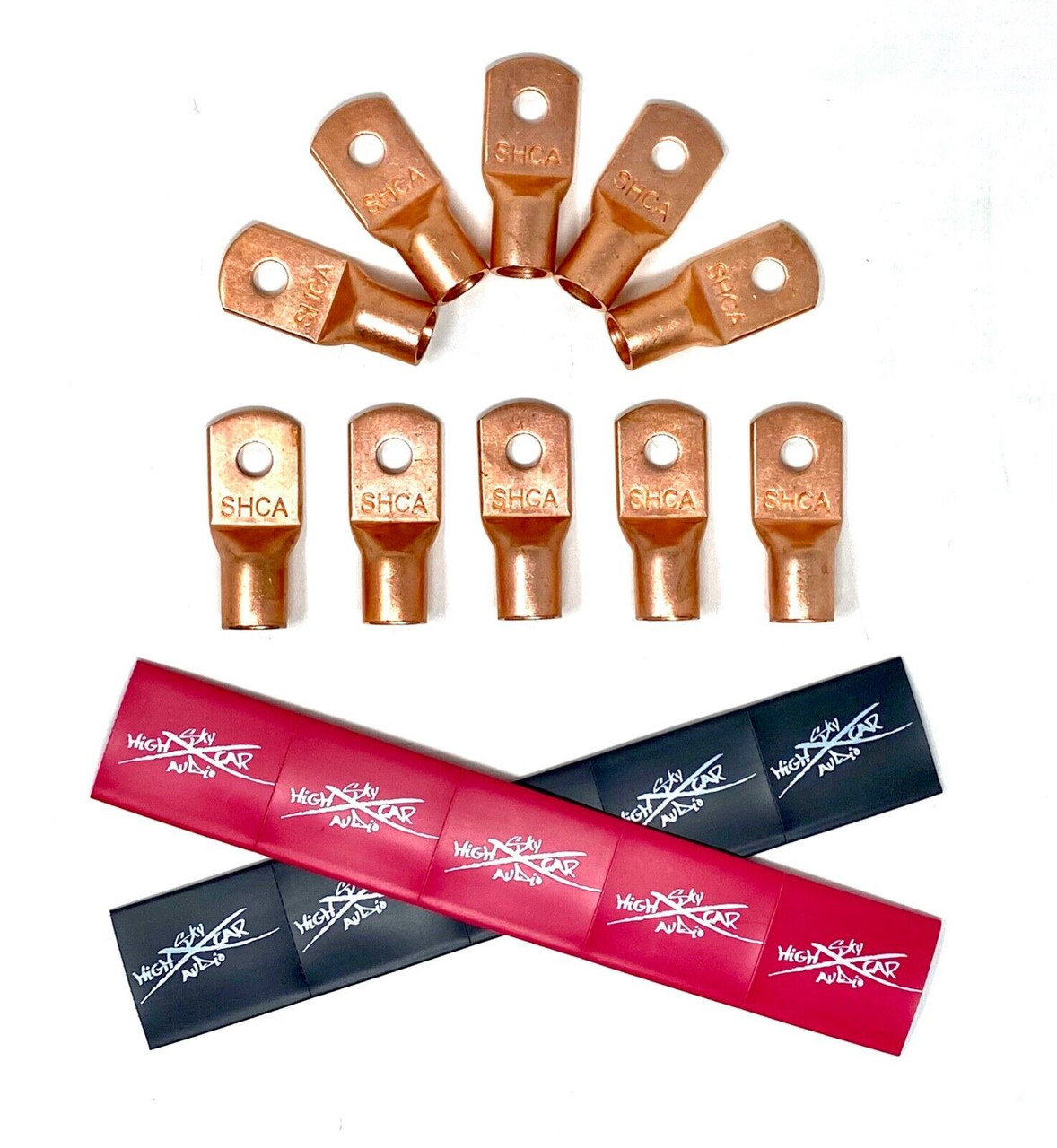 Sky High Car Audio 4/0 XL Gauge Copper or Tinned Copper Ring Terminals w/ Heat Shrink Tubing - 10 Pack