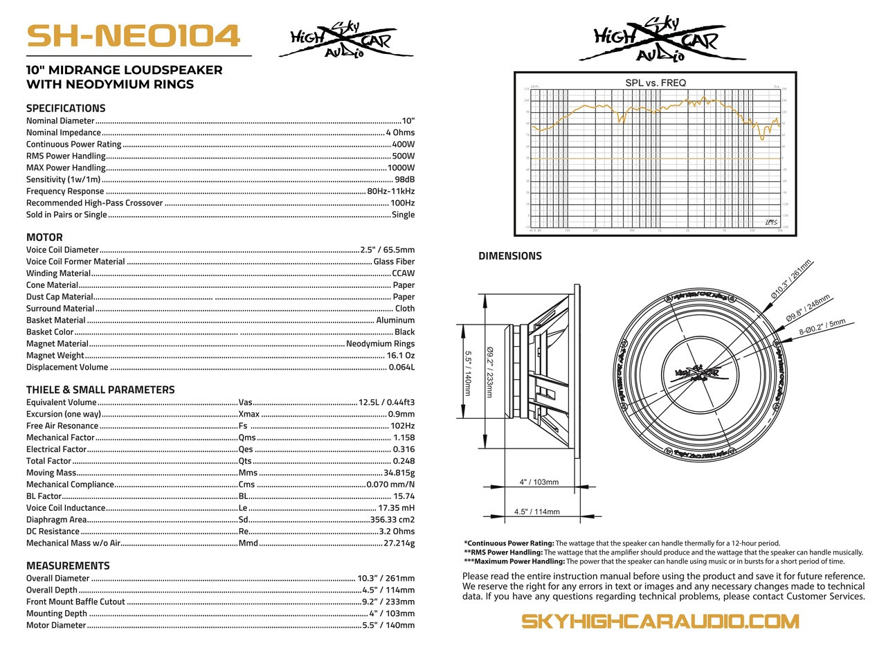 SHCA NEO104 10" Neo Midrange Loudspeaker 2" VC 4 ohm (Single Speaker)