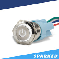 Sparked Innovations Aluminum Latching 12V Push Button Switch SPDT Power Symbol