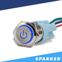 Sparked Innovations Aluminum Latching 12V Push Button Switch SPDT Power Symbol