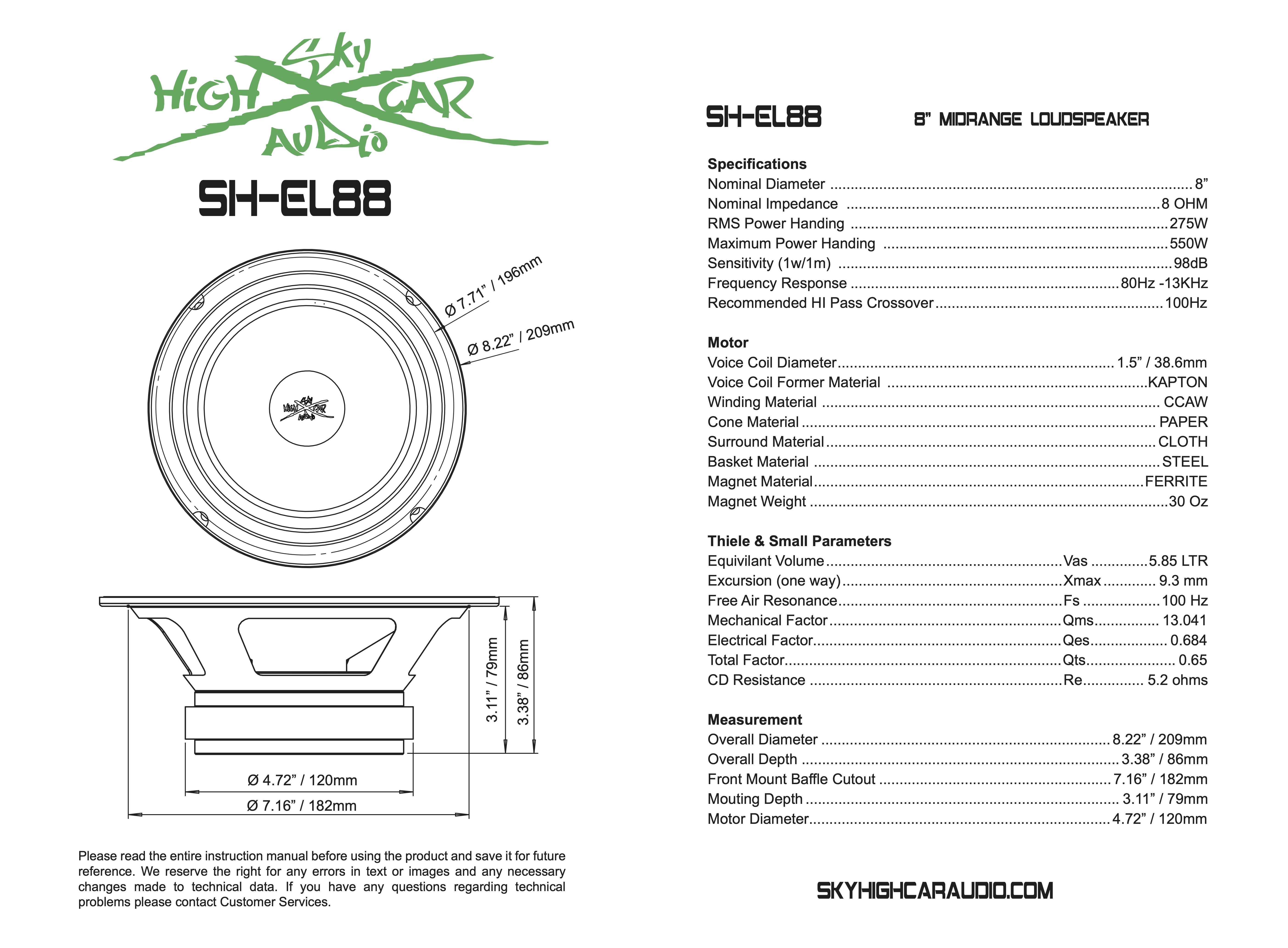 Sky High Car Audio EL88 8 Inch Pro Audio Midrange/Midbass Speaker