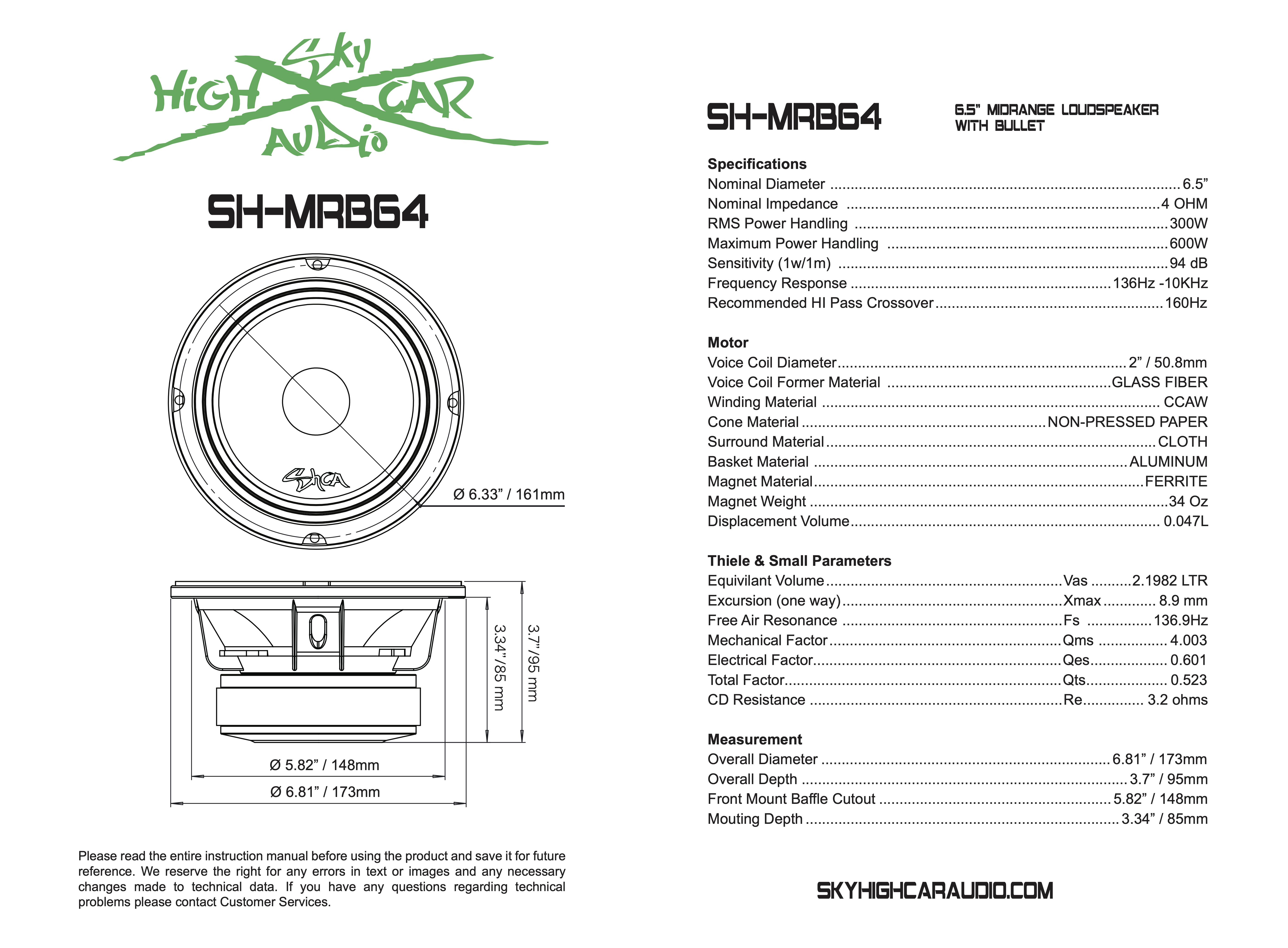 Sky High Car Audio MRB64 6.5 Inch Pro Audio Midrange/Midbass