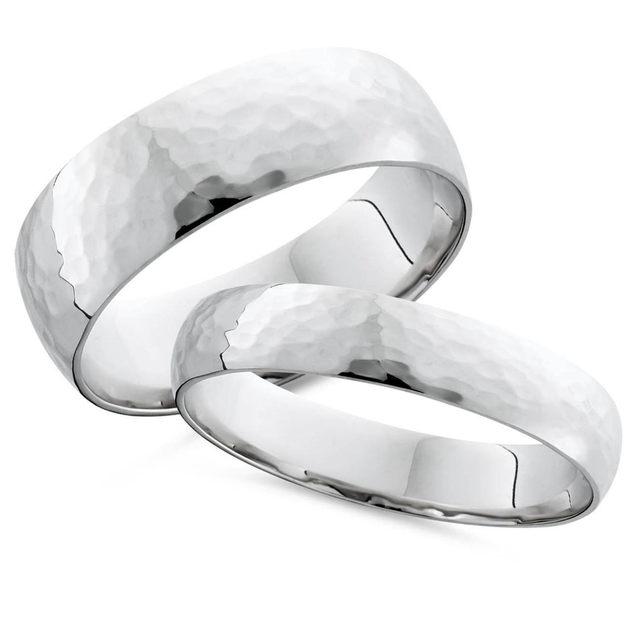 Matching White Gold His Hers Hammered Wedding Band Set