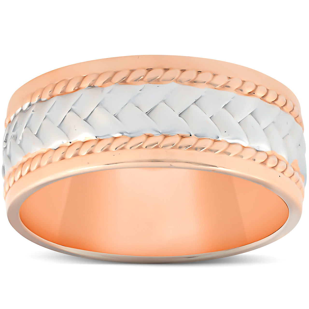 14k White Rose Gold Hand Braided Wedding Band Mens Ring Wide