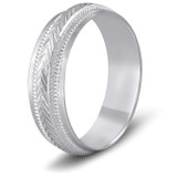 6mm Mens 10K White Gold Brushed Hand Carved Pattern Wedding Band
