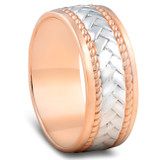 14k White & Rose Gold Hand Braided Wedding Band Mens Ring 8.5mm Wide
