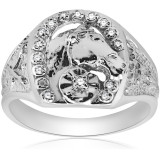 Mens Diamond Lucky Horseshoe Ring 10K White Gold