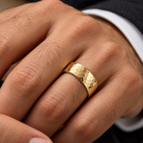 7mm 14K Yellow Gold High Polished Hammered Mens Wedding Band
