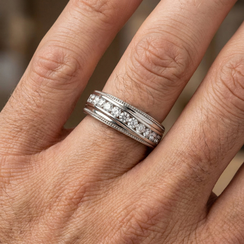 1/2 Ct Mens Diamond Wedding Ring With Bead Accent High Polished White Gold