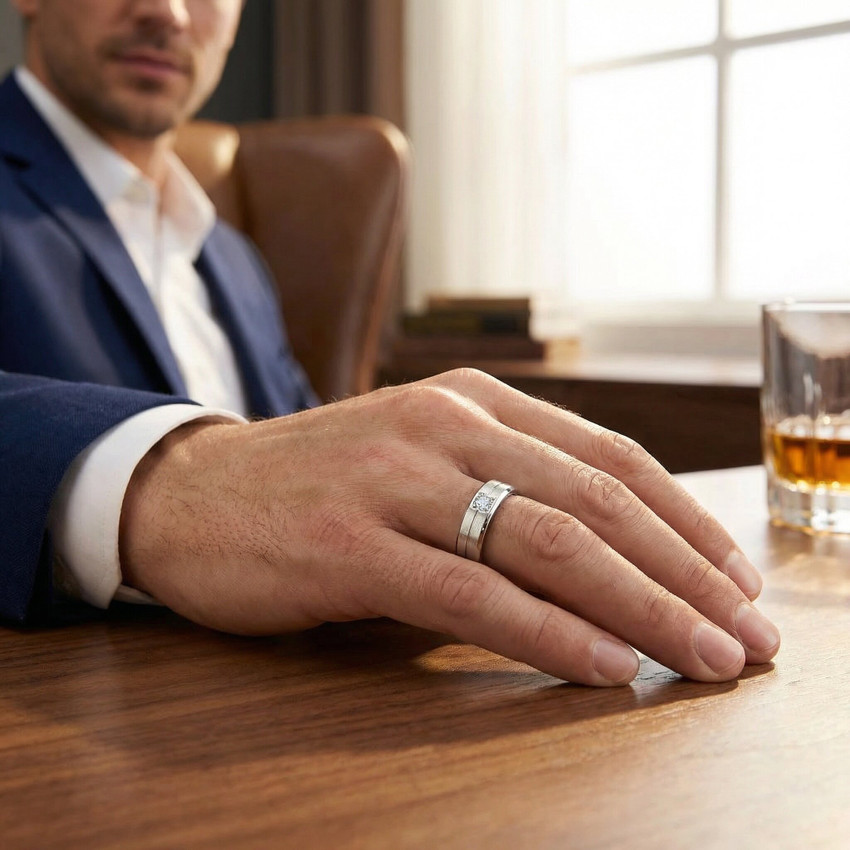 Mens Diamond Wedding Ring Solitaire Round Brilliant Cut Brushed White Gold Band