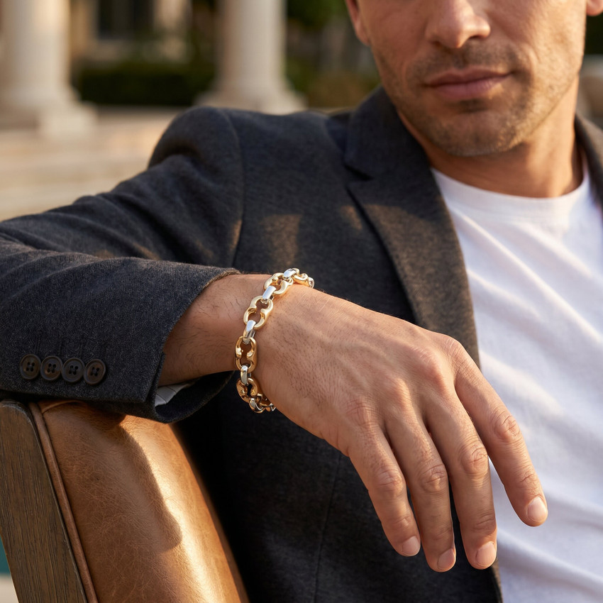 Men's Sculpted Mariner with Round Links 14k Gold (50gram) or Platinum (80gram) 9mm Bracelet 8"