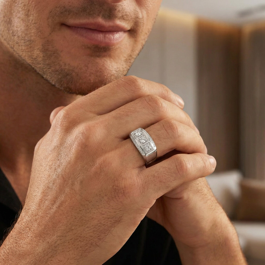 1ct Diamond Mens 10.5MM Heavy White Gold Wedding Ring Anniversary 3 Stone Band