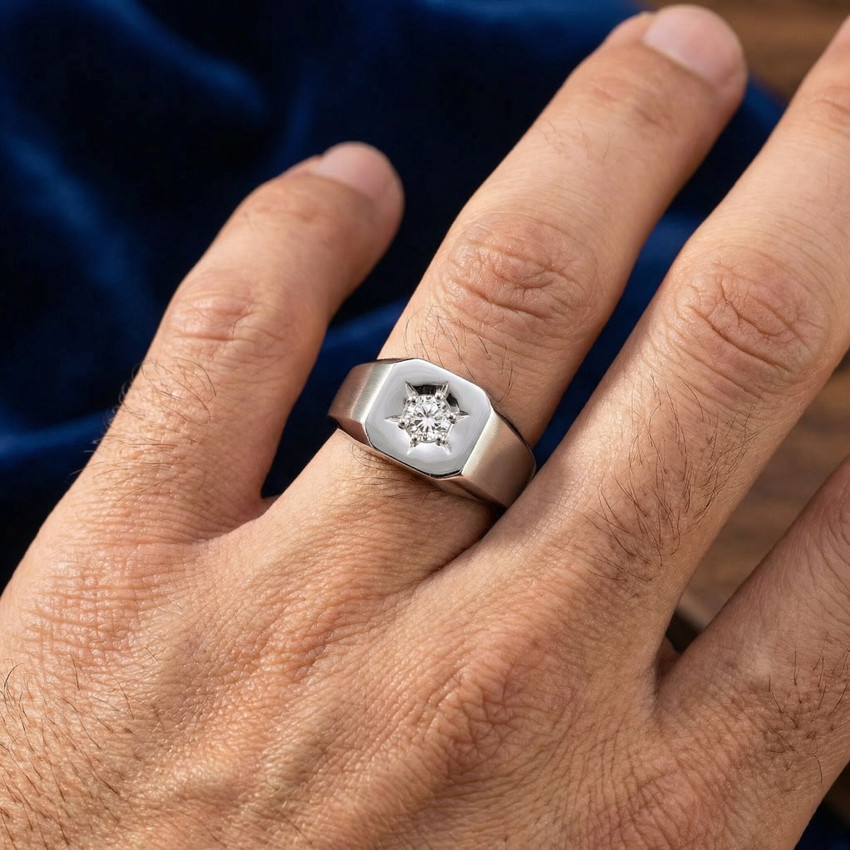 Mens 1/6ct Diamond Solitaire High Polished Wedding Engagemen Ring White Gold