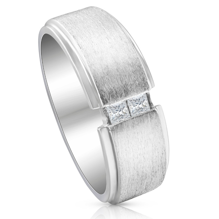 Mens 14K White Gold Princess Cut Diamond Wedding Ring